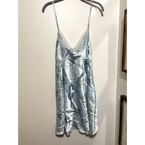 Cottagecore Satin Nightgown XXL Blue Floral Lace Trim Slip Sleepwear Lingerie - Picture 4 of 9